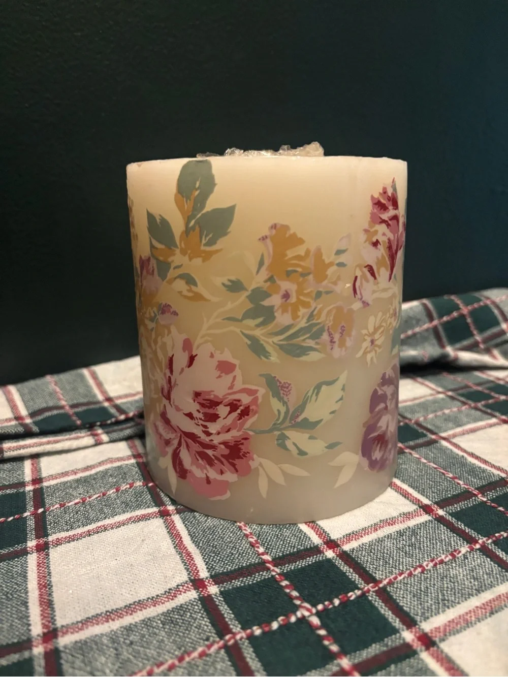 Vintage Floral Pillar Candle in Cream with Yellow and Pink Accents